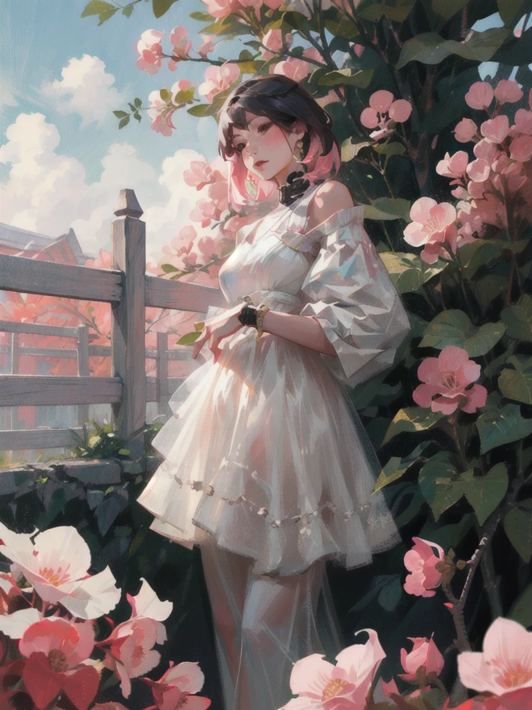 A woman in a white dress standing in front of a tree with pink flowers and a blue sky,Yoshida Chizuko,rossdraws Global Illumination,Detailed painting,