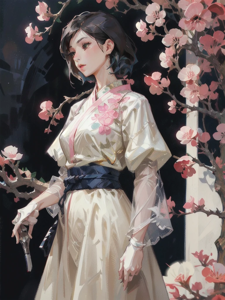 A woman in a white dress standing in front of a tree with pink flowers and a blue sky,Yoshida Chizuko,rossdraws Global Illumination,Detailed painting,