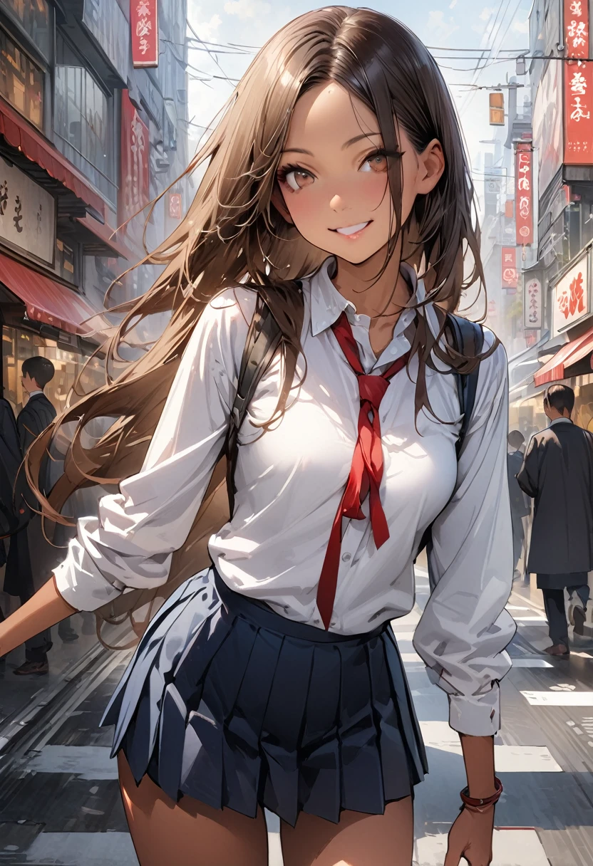 ((masterpiece,Highest quality:1.3,best quality illustration,realistic:1.4)),cowboy shot,独奏,1woman,(18-year-old、Japanese Beauty)、brown hair,long hair,(center parted bangs),brown eyes,gorgeous eyes,((very small head:1.3)),smile,,((very long body:1.2,skinny)),medium breasts,(tan skin:1.5),(School student uniform、Red ribbon tie、White collared shirt、Long sleeve navy blue pleated mini skirt),gleaming skin,toned body,slender body,on street,Shibuya Station、