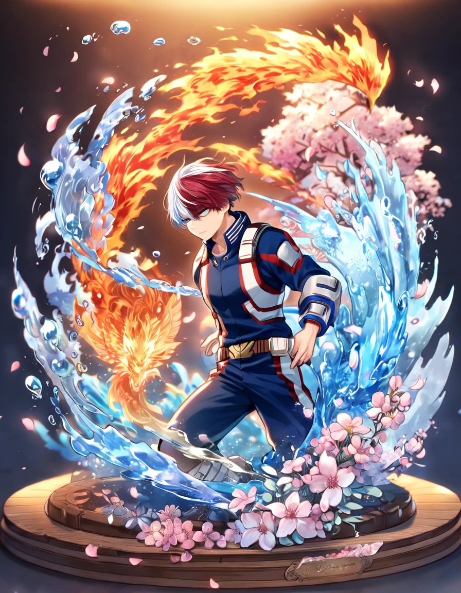 Ultra detailed, highres, absurdres, HDR, master piece, Todoroki Shouto, bicolor hair, right side is white, left side is red, heterochromia, right eye is grey, left eye is blue, Boku No Hero Academia, fantasy, pink petals, water, pink flowers, handsome, sexy man, solo, best quality, blossoms, blue shining fireflies, blue clothes, ice and fire, magical,