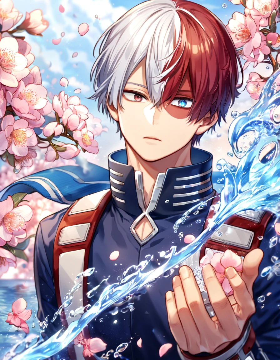 Ultra detailed, highres, absurdres, HDR, master piece, Todoroki Shouto, bicolor hair, right side is white, left side is red, heterochromia, right eye is grey, left eye is blue, Boku No Hero Academia, fantasy, pink petals, water, pink flowers, handsome, sexy man, solo, best quality, blossoms, blue shining fireflies, blue clothes, ice and fire, magical, 