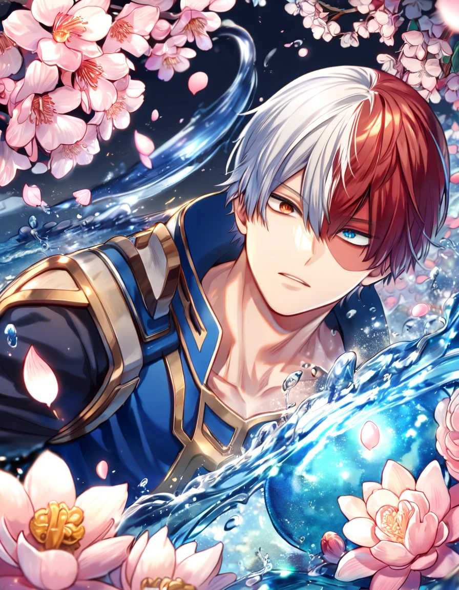 Ultra detailed, highres, absurdres, HDR, master piece, Todoroki Shouto, bicolor hair, right side is white, left side is red, heterochromia, right eye is grey, left eye is blue, Boku No Hero Academia, fantasy, pink petals, water, pink flowers, handsome, sexy man, solo, best quality, blossoms, blue shining fireflies, blue clothes, ice and fire, magical,