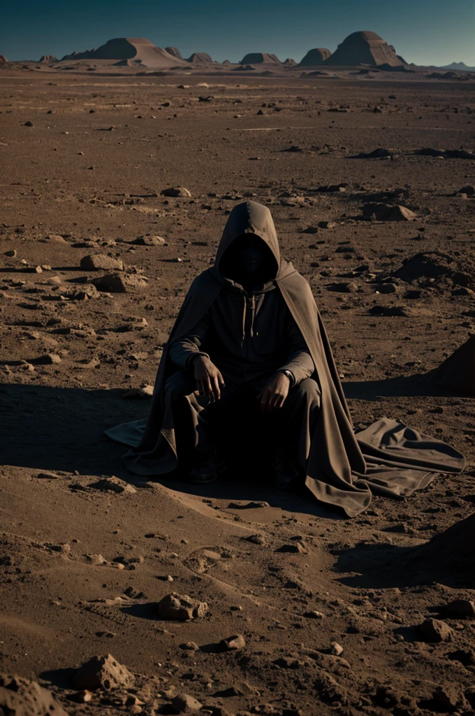 Hooded person discovering remains of an advanced civilization on another planet with dark color palette