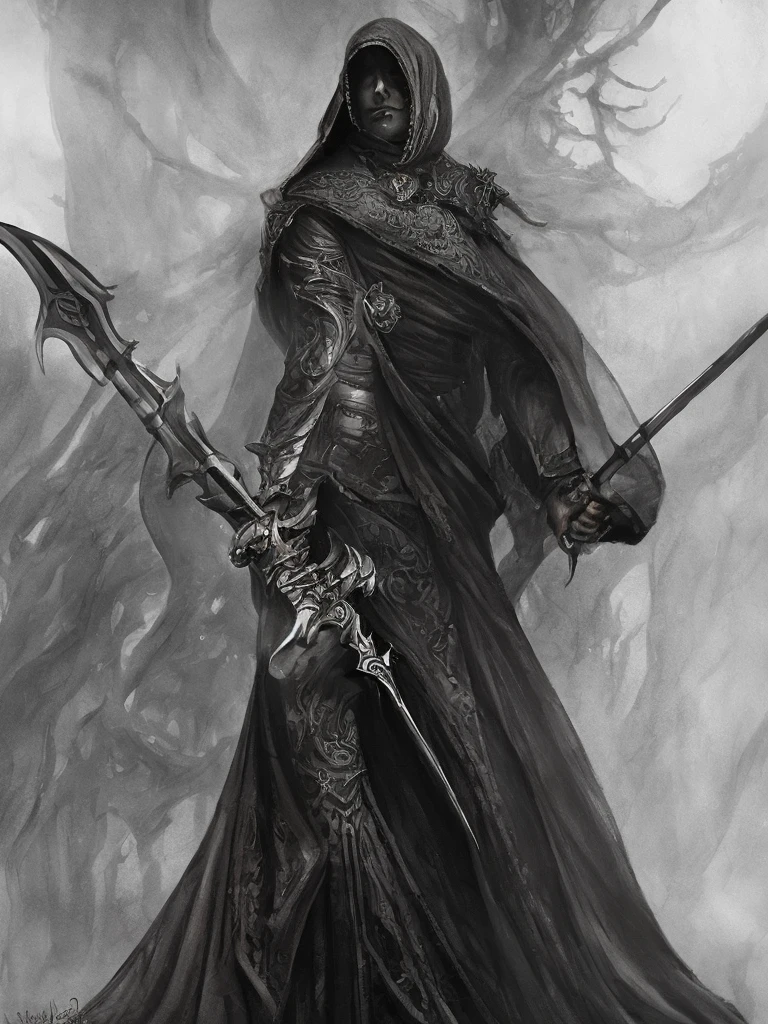 An intricate depiction of the Grim Reaper holding a sword, surrounded by darkness, horror concept art, dark fairytale atmosphere, Johan Grenier style, Alyssa Monks style