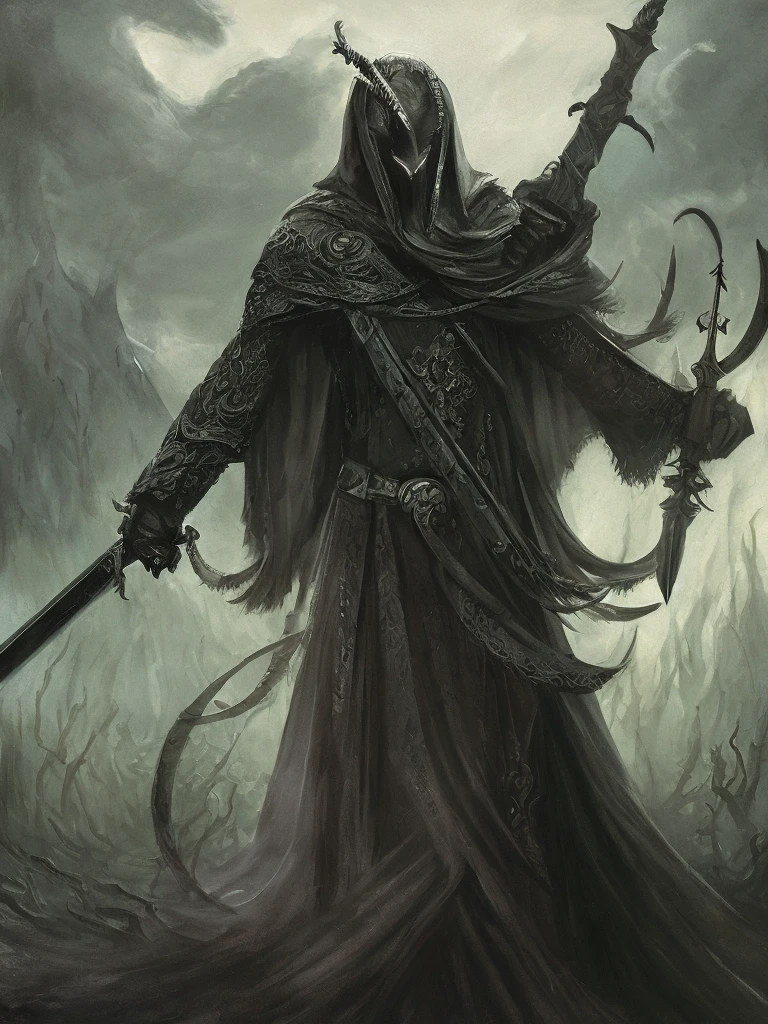 An intricate depiction of the Grim Reaper holding a sword, surrounded by darkness, horror concept art, dark fairytale atmosphere, Johan Grenier style, Alyssa Monks style
