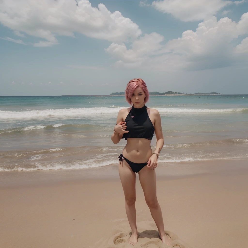 girl 21 years old, short shoulder-length pink hair, pink hair, bikini outfit, black bikini. he keeps his hands in front, his hands are not visible