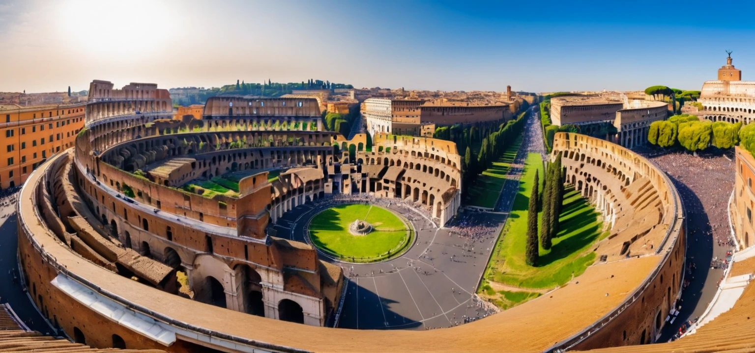 arafed view of a large building with a clock tower in the middle of it, by Tom Wänerstrand, colosseo, massive arch, rome backdrop, in a city with a rich history, 🪔 🎨;🌞🌄, rome in background, by Romano Vio, colosseum, eternal city, rome, ancient rome, by Pogus Caesar