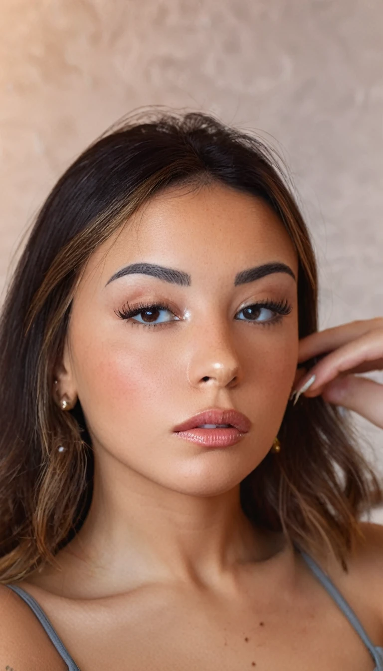 realistic, detailed, realistic details, intricate detail, break,, 1girl, solo, Eurasian, brunette, extremely beautiful, cute, detailed face, detailed skin complexion, beautiful eyes, parted lips, seductive, medium hair, , break,, simple background,, break,, portrait, f1.3/45mm, perspective, depth of field, proportion, focus on face, blurry background, bokeh, sharp focus, depth and dimension, proportion, rule of third, break,, finger nails, night, without strabismus, shadows, jean, t shirt, full body, living room, without tattoo, showing nails,
