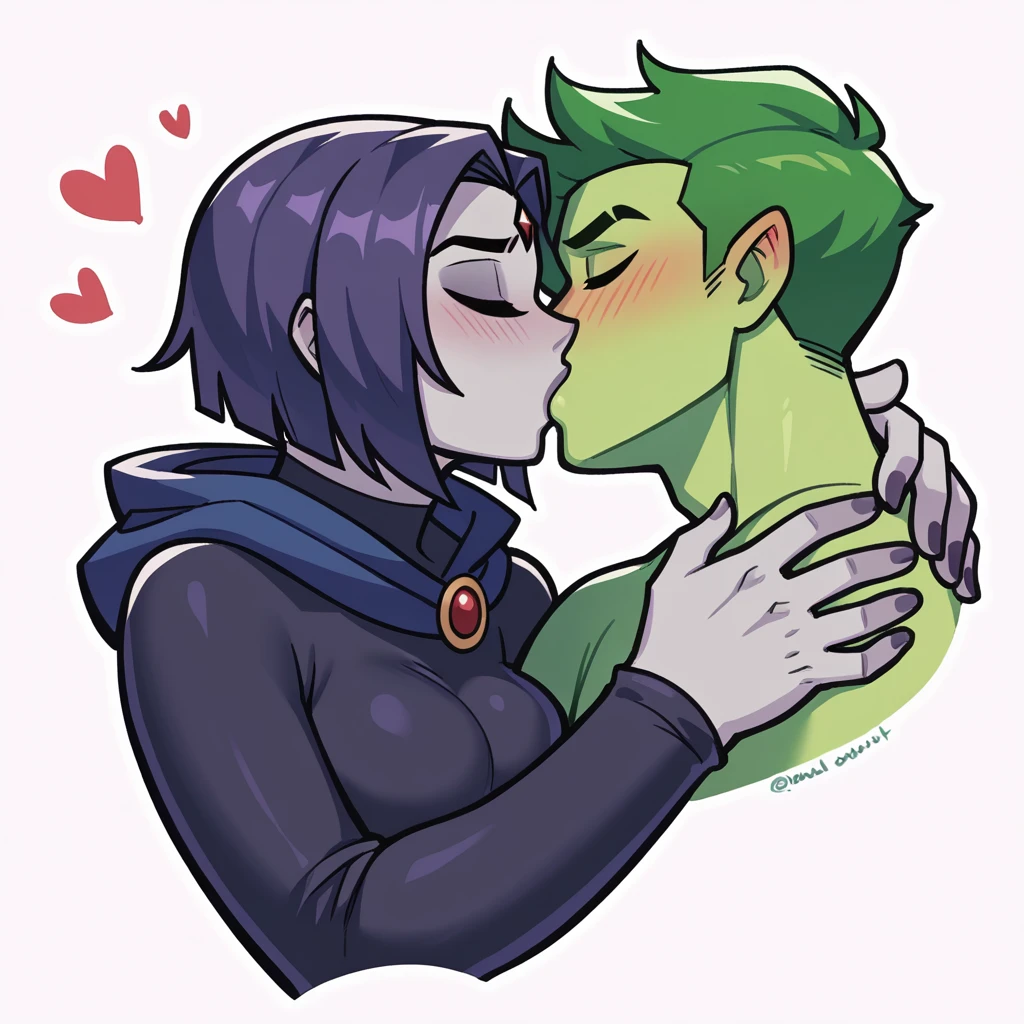 score_9_presence, score_8_up, 1girl, Raven, 1boy, Beast Boy, together, in love, kissing