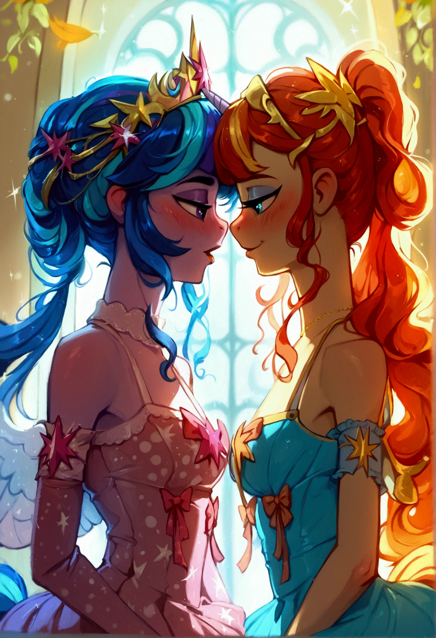 score_9,score_8_up,score_7_up,score_6_up, ((my little pony)), ((school dress:1.6)), blush, eyeshadow, long eyelids, kiss with drools, duet, lot of bows, pussy after sex, patterned stockings, seductive perky big butt, behind view, ((shining armor)), ((twilight sparkle)), radiant lighting, vibrant colors, whimsical atmosphere, 8K, high resolution, highly detailed, masterpiece
