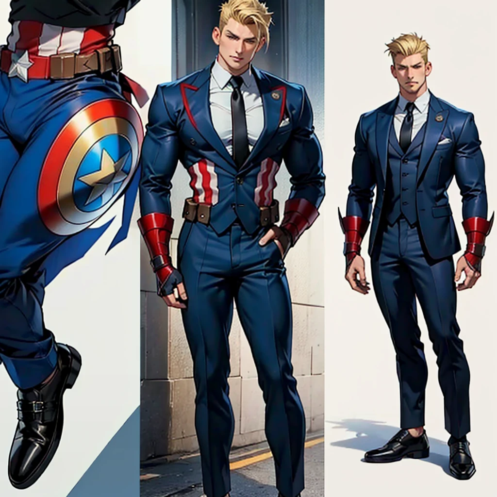 A model sheet of a muscular adult Captain America, short blonde quiff hair, shaved neck, wears a dark blue suit-style outfit, light beige and black tie, black pants and black shoes, Using detailed gauntlets, in different poses, various face angles, Facial expressions, 8k quality.