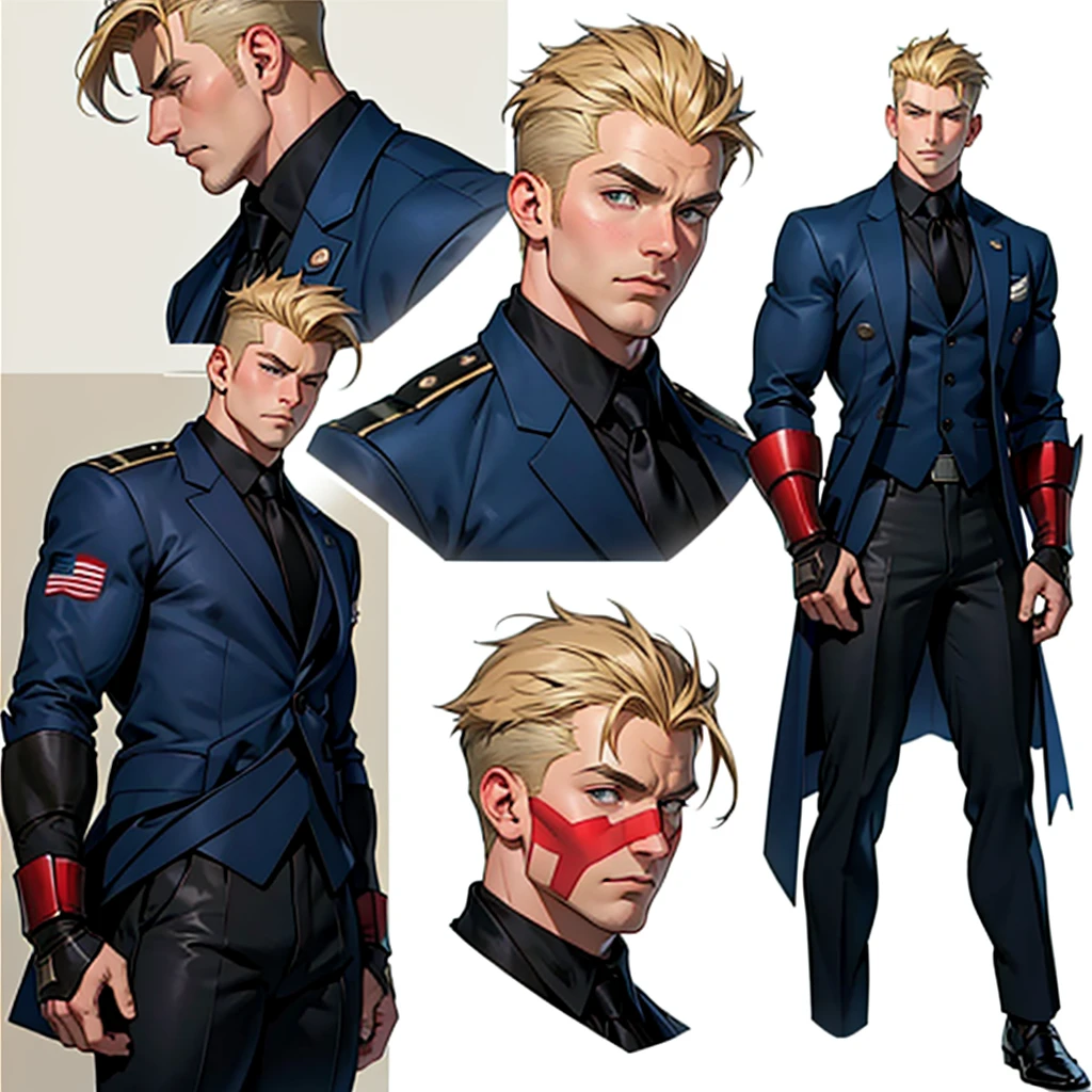 A model sheet of a muscular adult Captain America, short blonde quiff hair, shaved neck, wears a dark blue suit-style outfit, light beige and black tie, black pants and black shoes, Using detailed gauntlets, in different poses, various face angles, Facial expressions, 8k quality.