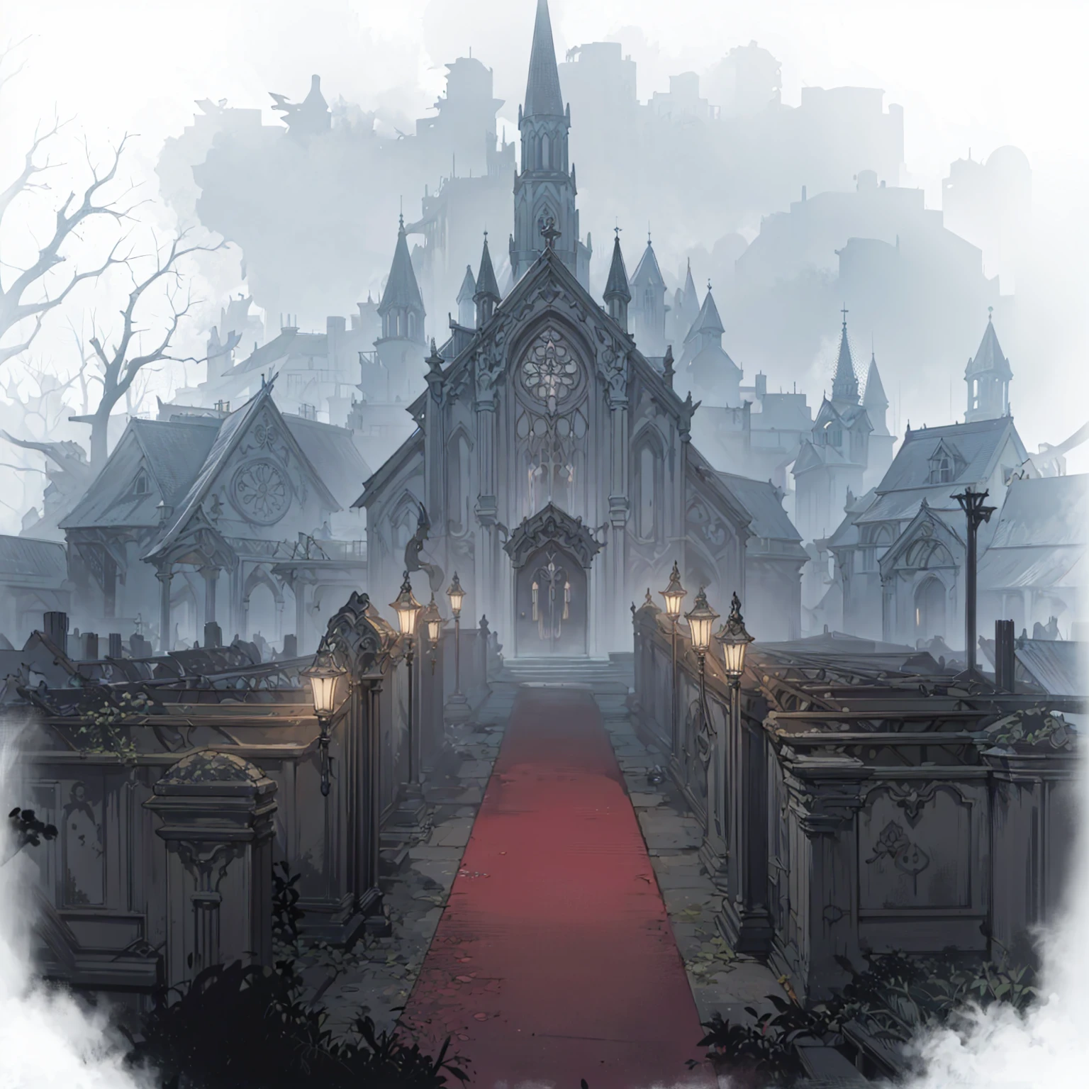 There is a church，Rolling out the red carpet，Two rows of street lights,Fifth personality style，Anime style， Weird nostalgic concept art, Draw as game concept art, Graveyard Background, background technologywork, background technology, Misty Manor, Dark Manor Scene, Gothic church background, Disturbing background, haunted background, Landscape Game Concept Art, Weird art style, Shady church, GLOOMY AMBIANCE, Cathedral Background