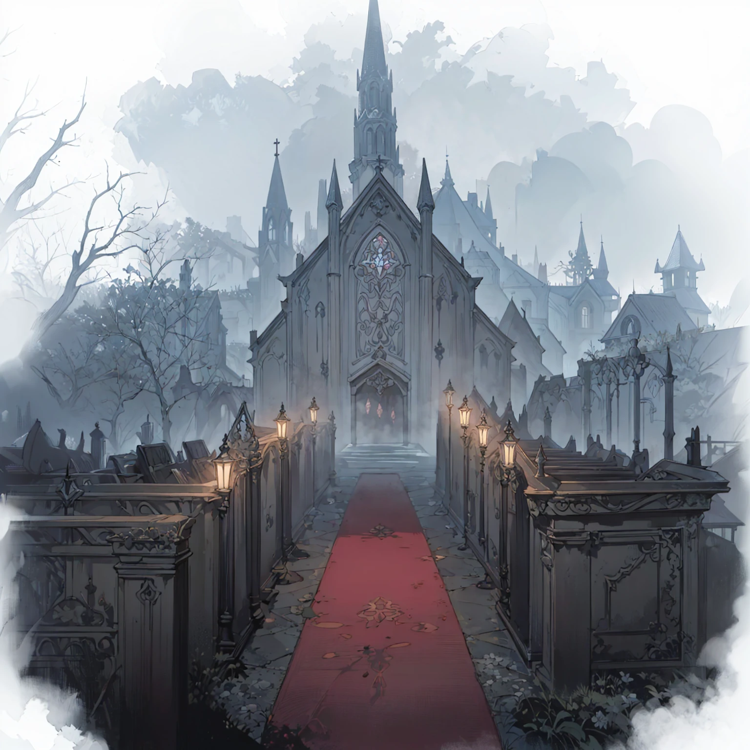 There is a church，Rolling out the red carpet，Two rows of street lights,Fifth personality style，Anime style， Weird nostalgic concept art, Draw as game concept art, Graveyard Background, background technologywork, background technology, Misty Manor, Dark Manor Scene, Gothic church background, Disturbing background, haunted background, Landscape Game Concept Art, Weird art style, Shady church, GLOOMY AMBIANCE, Cathedral Background