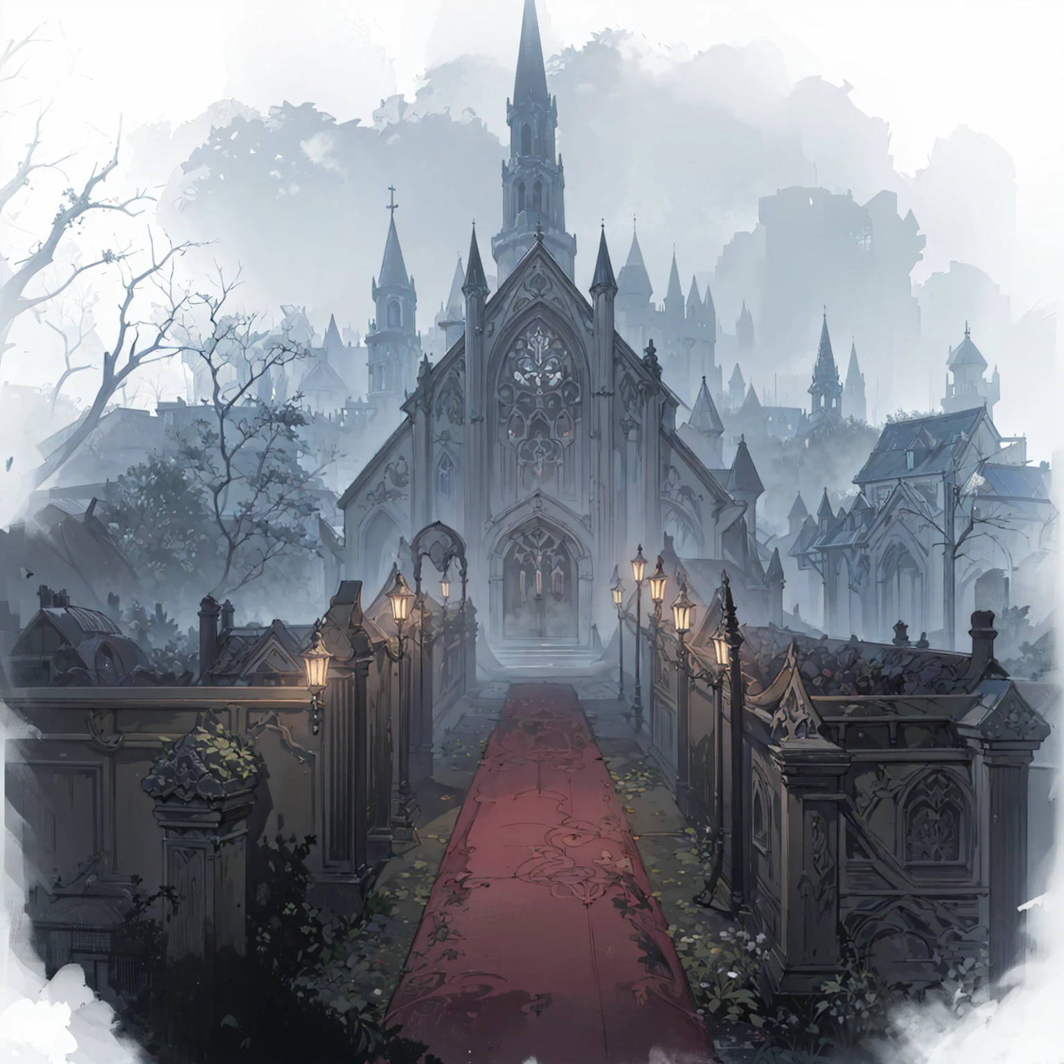 There is a church，Rolling out the red carpet，Two rows of street lights,Fifth personality style，Anime style， Weird nostalgic concept art, Draw as game concept art, Graveyard Background, background technologywork, background technology, Misty Manor, Dark Manor Scene, Gothic church background, Disturbing background, haunted background, Landscape Game Concept Art, Weird art style, Shady church, GLOOMY AMBIANCE, Cathedral Background