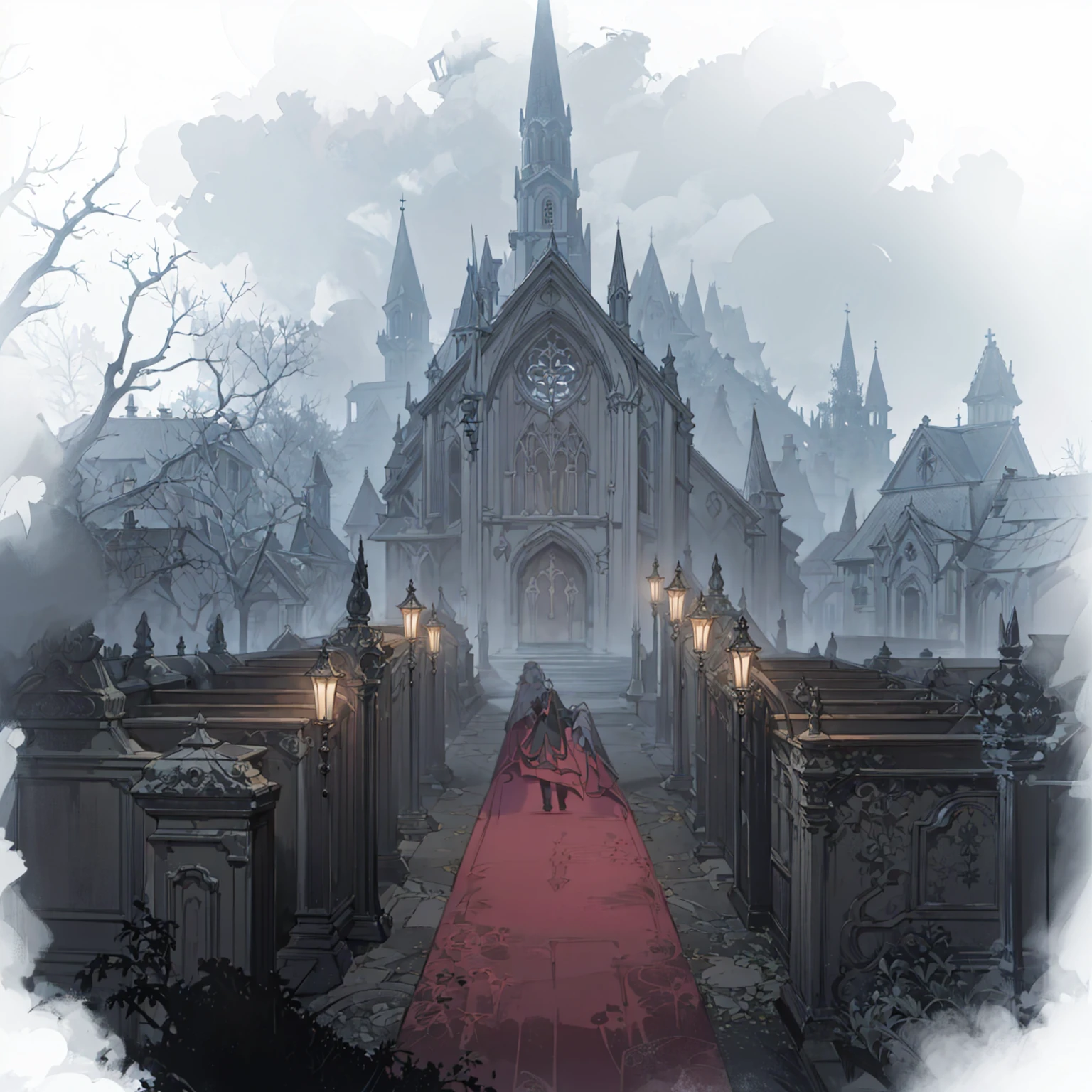 There is a church，Rolling out the red carpet，Two rows of street lights,Fifth personality style，Anime style， Weird nostalgic concept art, Draw as game concept art, Graveyard Background, background technologywork, background technology, Misty Manor, Dark Manor Scene, Gothic church background, Disturbing background, haunted background, Landscape Game Concept Art, Weird art style, Shady church, GLOOMY AMBIANCE, Cathedral Background