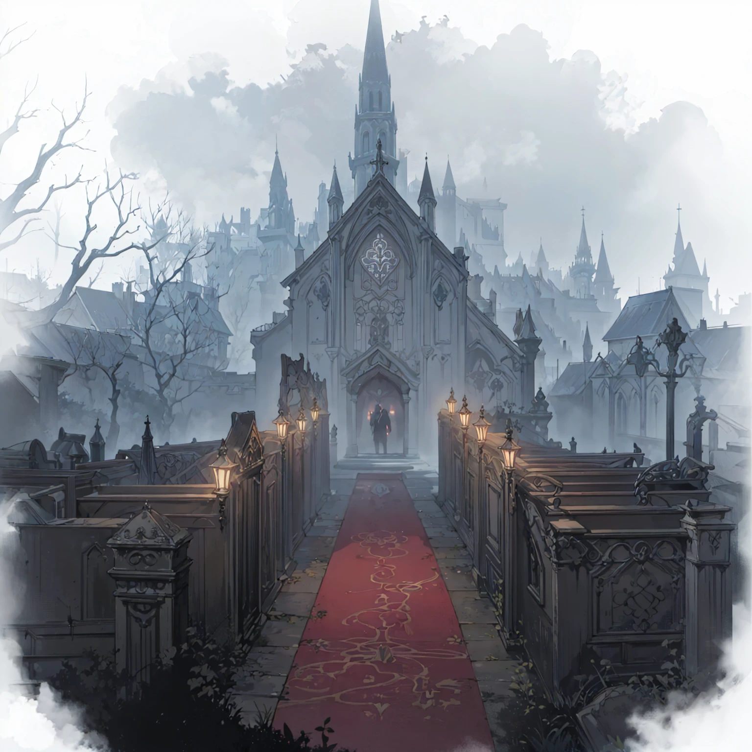 There is a church,Rolling out the red carpet,Two rows of street lights,Fifth personality style,Anime style, Weird nostalgic concept art, Draw as game concept art, Graveyard Background, background technologywork, background technology, Misty Manor, Dark Manor Scene, Gothic church background, Disturbing background, haunted background, Landscape Game Concept Art, Weird art style, Shady church, GLOOMY AMBIANCE, Cathedral Background