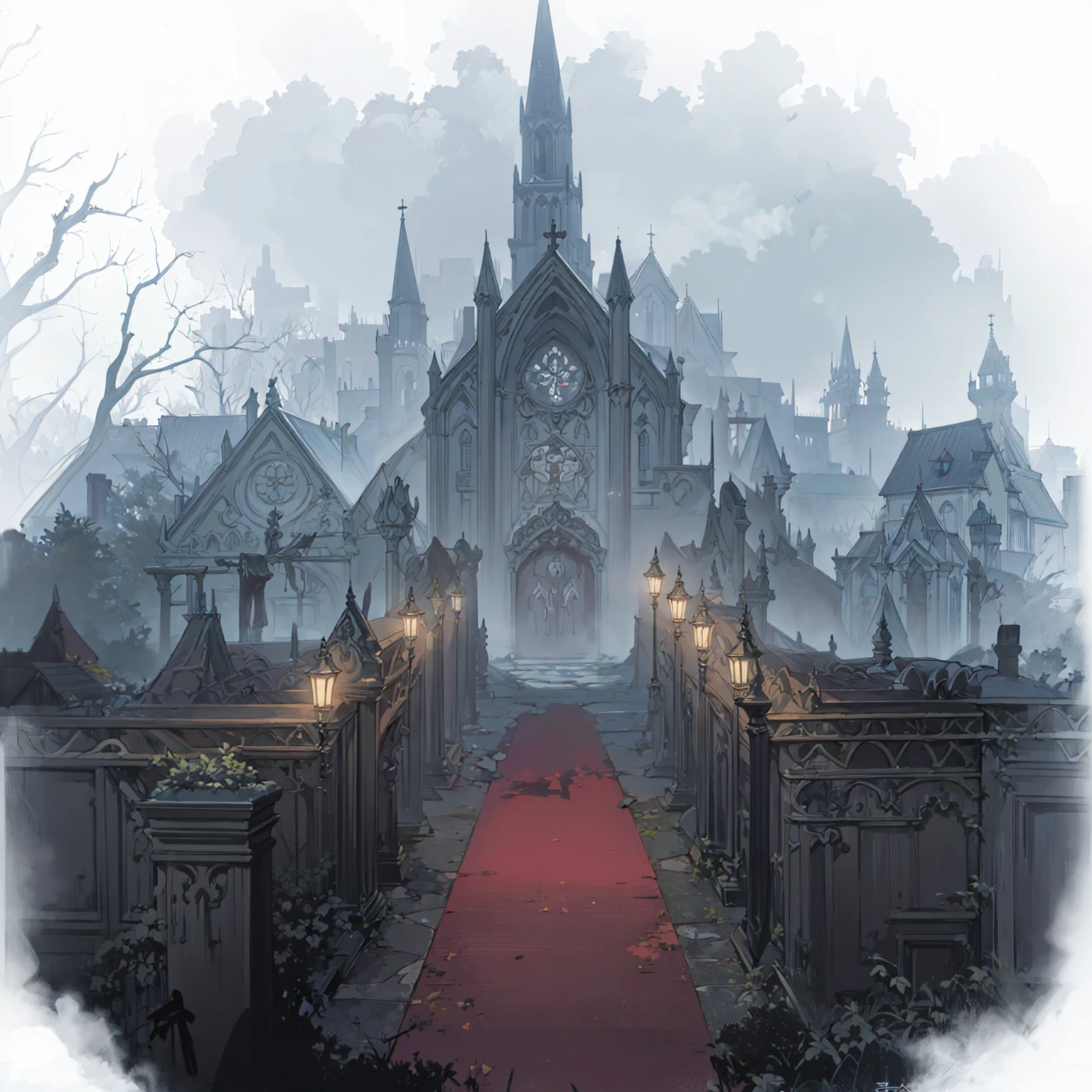 There is a church,Rolling out the red carpet,Two rows of street lights,Fifth personality style,Anime style, Weird nostalgic concept art, Draw as game concept art, Graveyard Background, background technologywork, background technology, Misty Manor, Dark Manor Scene, Gothic church background, Disturbing background, haunted background, Landscape Game Concept Art, Weird art style, Shady church, GLOOMY AMBIANCE, Cathedral Background