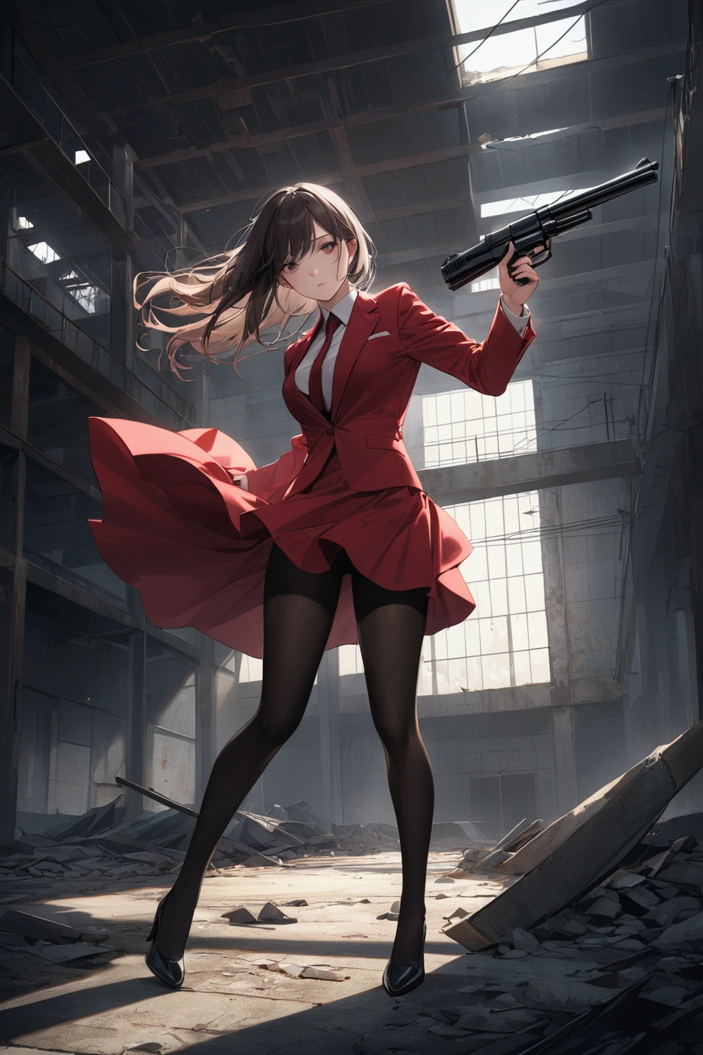 Woman wearing a red dress、Kick a man in a suit with a gun、black pantyhose,Abandoned Factory