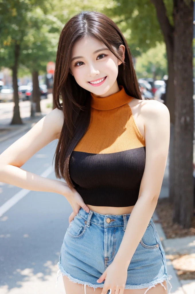 Highest quality、Complete limbs、Full Finger、Beautiful woman、Beautiful busty woman、Woman with straight hair、Brown haired woman、Orange high neck sleeveless knit top、White shorts、Black Pantyhose、Big smile、street tree