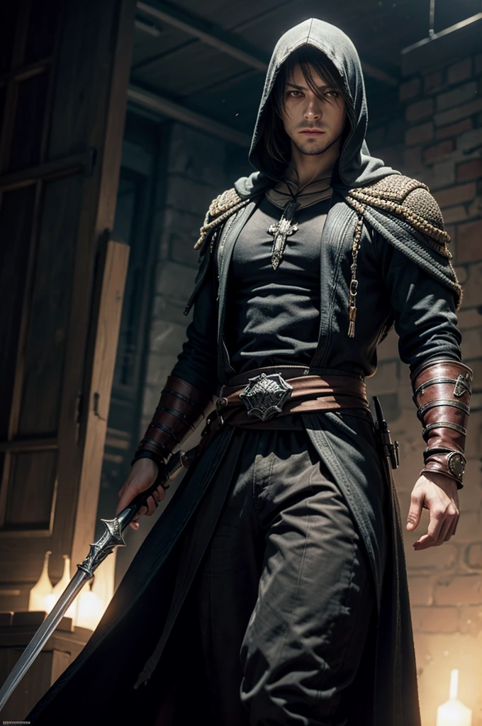 A male RPG character like those from Assassin's Creed, but a pirate with black clothes and pistols on his belt, a high-necked jacket with a skull print on the left and a closed jacket with a red shirt but a black jacket and a hat with a parrot feather like the Barbossa hat from Pirates of the Caribbean with the hood and silk mask that comes from the outfit