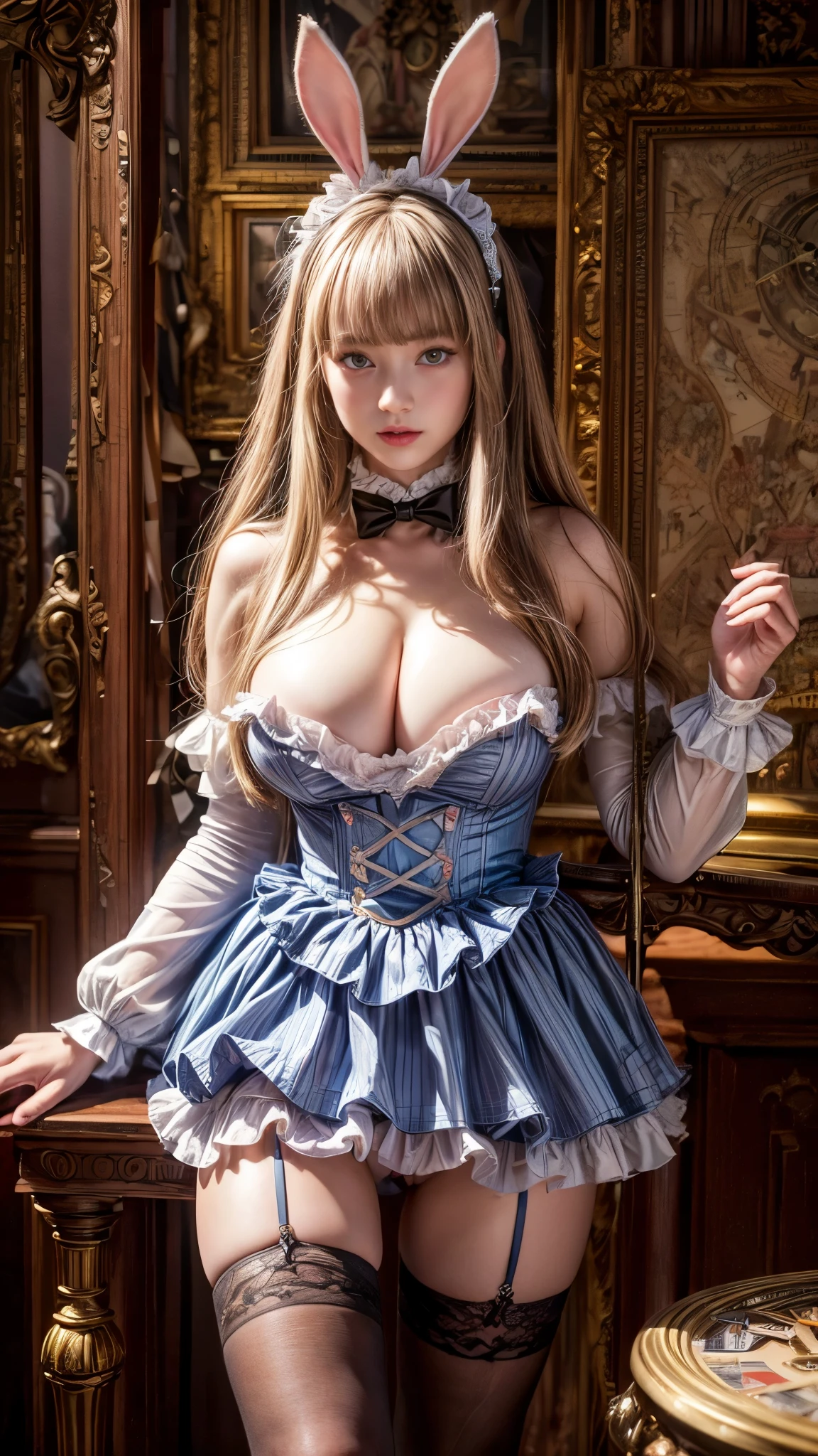4K, Realistic,Very detailed,Bunny ears、Rabbit costume,Bunny girl、Big Breasts、Soft Theme,Age 25、smile、(((Alice in Wonderland World)))、((Pocket watch))、(Black tuxedo-like miniskirt dress)、Thigh-high stockings、((Playing cards))、((Delicate painting)),(Detailed RAW photos of girls), (Masterpiece:1.25), (Highest quality:1.6), (Ultra-high resolution:1.5), (Realistic:1.75), 8K resolution,:1.6), Canon EOS R5, 50mm,Very detailedな,Cinema Lighting