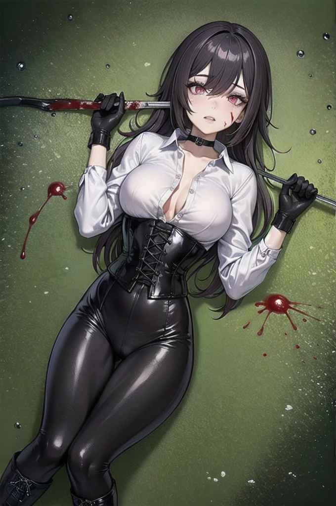 ((blood droplets)), ((blood)), ((blood splatter)), ((blood on clothes)), ((blood stain)), Masterpiece, Beautiful art, professional artist, 8k, tired expression, showing teeth slightly, very detailed face, Detailed clothing, detailed fabric, 1 girl, View from above, lying on the ground, BIG BREASTS, perfectly drawn body, , pale skin, tired expression, beautiful face, long black hair, 4k eyes, very detailed eyes, pink cheeks, choker:1.6, (white long sleeve button down shirt with white collar), black gloves, gloves that cover hands, (holds an ax with his right hand), (black leather corset), (shiny black leggings), (Black leather boots), Sensual Lips, show details in the eyes, dark forest, Atmosphere, fog, At night