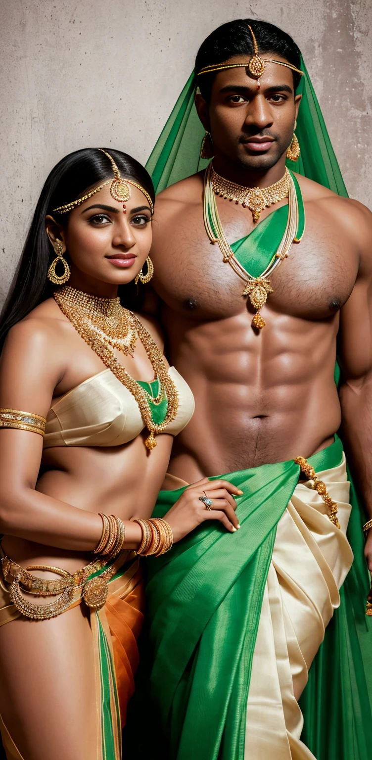 Realistic photo of interacial couple,a beautiful young white indian naked woman wearing full sized traditional green saree and a muscular black man with his big black cock, nude photoshoot in a studio, realistic photo, white background,((Indian white skin girl wearing jewellery, bindi, bangles, light green saree, she is very happy)). very realistic image, detailed image, High quality high detail,8k
