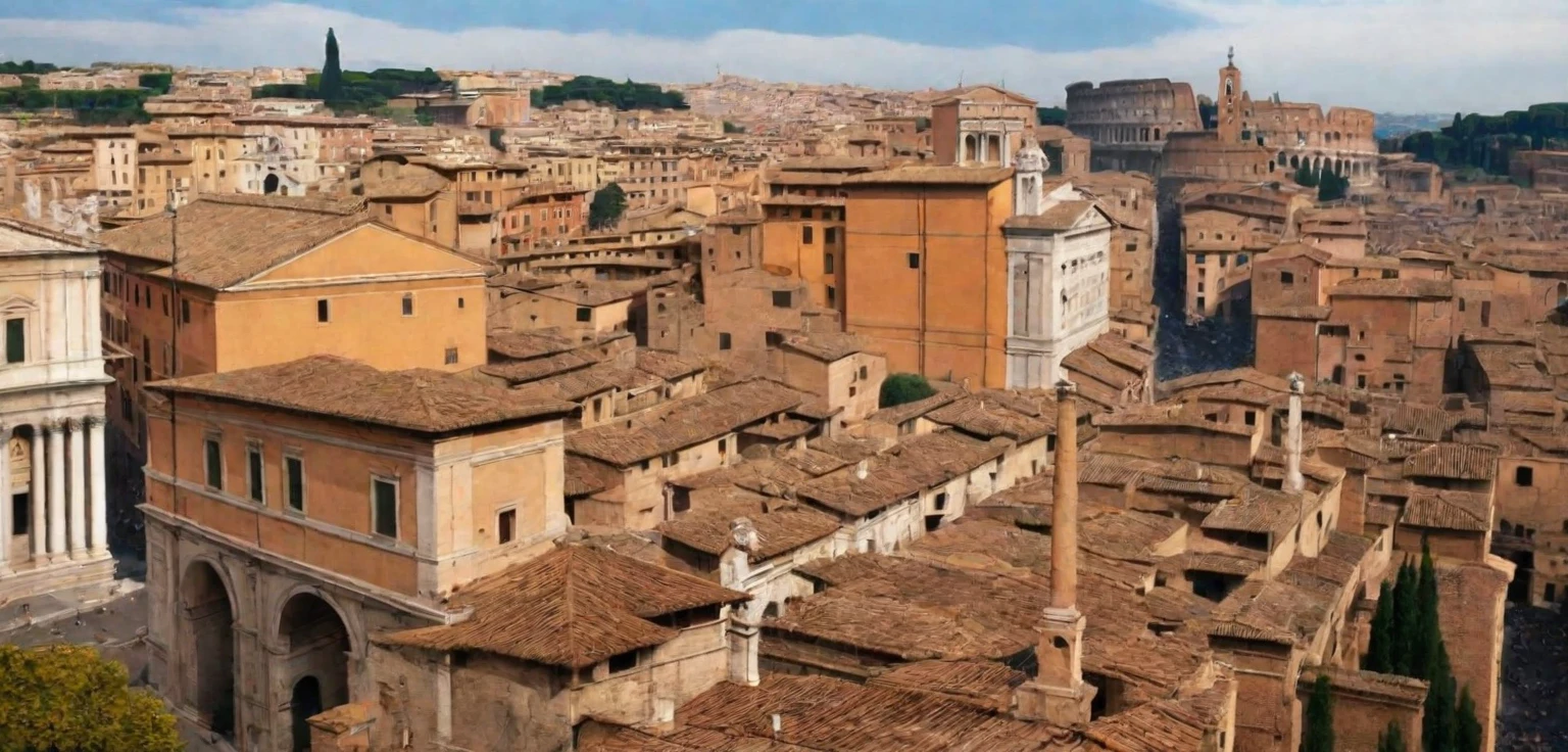 arafed view of a city with a lot of buildings and a clock tower, roman city, rome, ancient rome, rome in background, eternal city, roma, roman monuments, ancient roman setting, rome backdrop, roman historic works, market in ancient rome, old roman style, colosseo, city ruins in the background, ancient roman style, view from slightly above