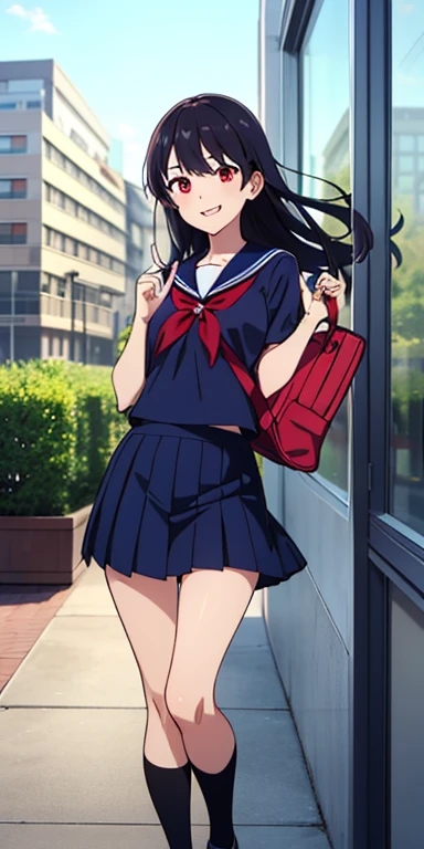 2d, Masterpiece, best quality, anime, Highly detailed face, highly detailed background, perfect light, Long hair, slender face, pointed chin, slender nose, red eyes, long jet black hair with bright red highlights, female student, sailor , navy blue shirt, navy blue shirt, two fingers up, short skirt, high school balcony backdrop, small breasts, hand holding a bag. student Navy blue socks Black female school shoes, a smile on the corner of her mouth, an excited expression, the wind blowing, a demon brand on the chest of her shirt.