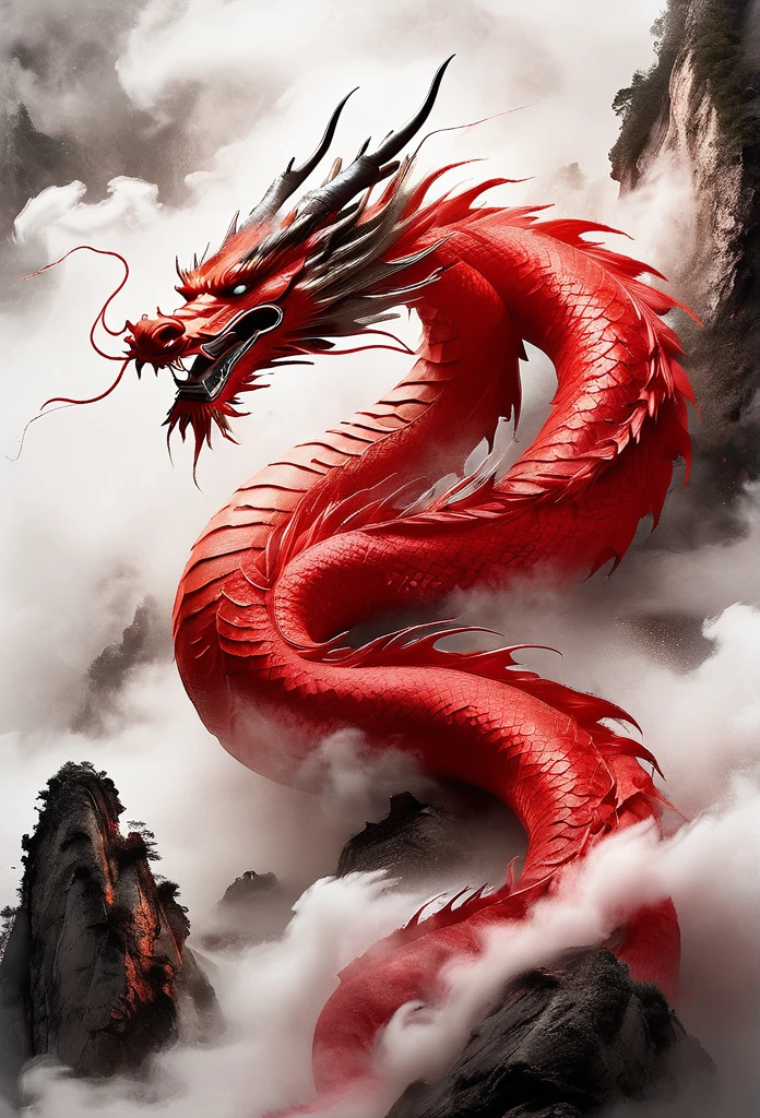 Highest quality, Realistic, On the poster of a Chinese TV drama, there is a red Chinese dragon, Solo,very tame, calm mood, vibrant Chinese dragon style, oshare kei, uhd image, maggismo, photobashing, red, safflower elements, smoke covered in dreamlike and delicate details, 8k