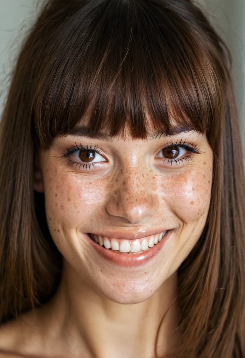 Beautiful woman, (freckles), big smile, Brown brown eyes, Full bangs, dark makeup, super detailed photography, soft light, head and shoulders portrait, lid