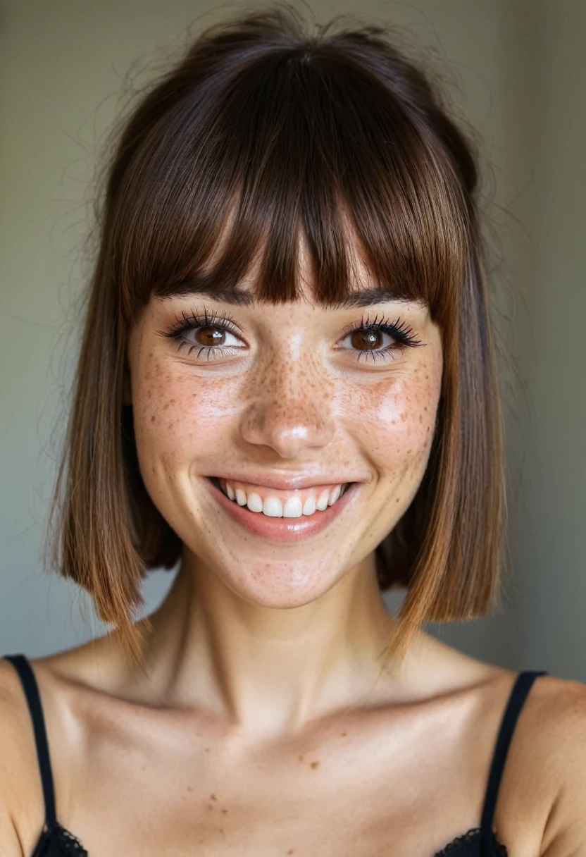 Beautiful woman, (freckles), big smile, Brown brown eyes, Full bangs, dark makeup, super detailed photography, soft light, head and shoulders portrait, lid
