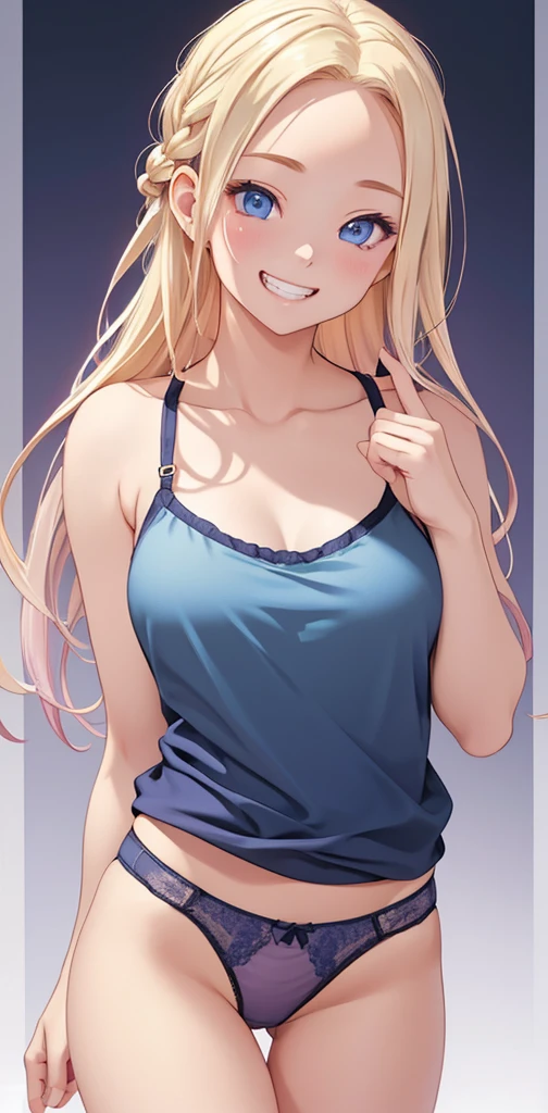 Realistic、1house wife、blonde hair、braid、blue eyes、(eye focus:1.3,face focus,upper body),(gradient eyes:1.3),(camisole sexy panties
)、open mouth,(grin:1.3),forehead,cute face、finger to mouth,