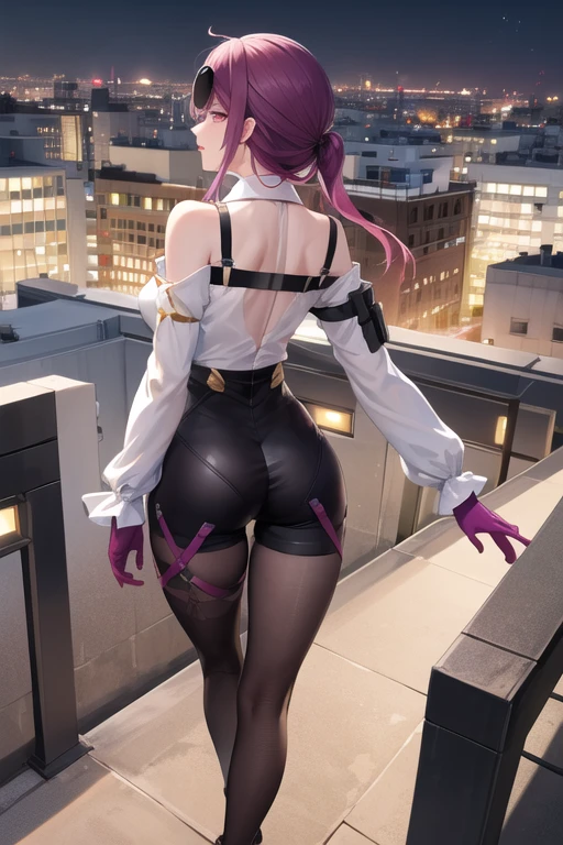 masterpiece, best quality, highres, aakafka, sunglasses, eyewear on head, harness, shoulder cutout, white shirt, collared shirt, long sleeves, white sleeves, purple gloves, black shorts, thigh strap, pantyhose, from behind, looking at viewer, standing, night, rooftop,