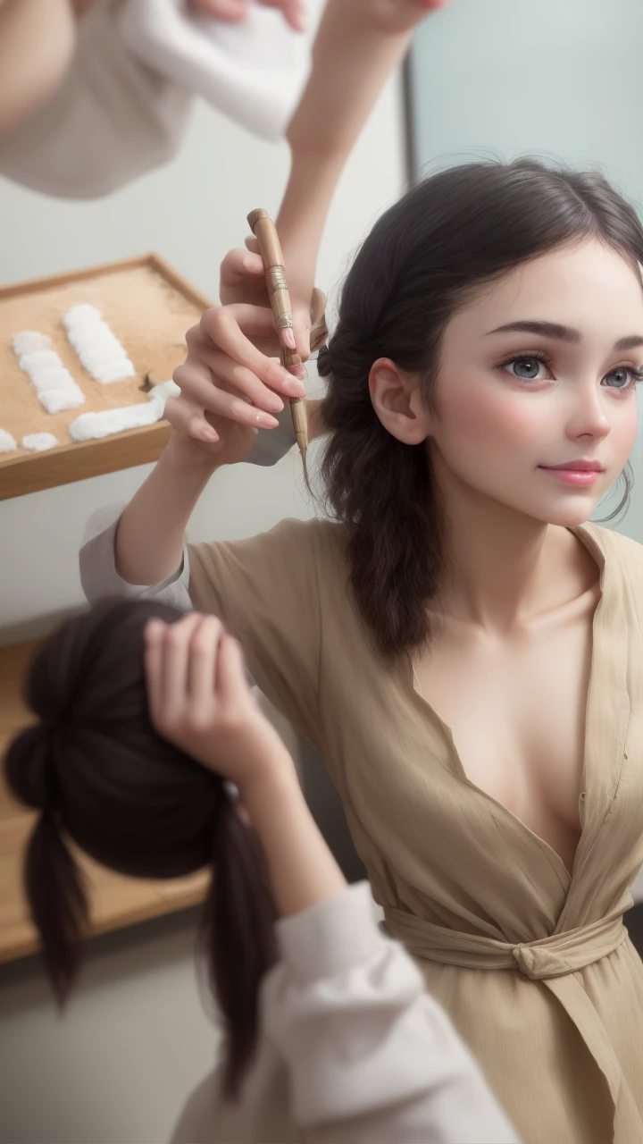 (beste-Qualit), (lifelike, real photos:1.5),The young woman, kawaii, nude, Seeing the breasts, eyes with beautiful details, Detail picture, Exquisite Face, Most Detailed, background, In the temple