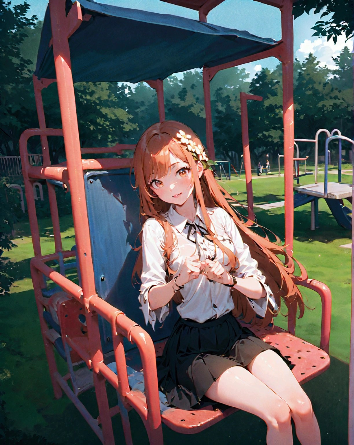 anime illustration of a Thai young college student woman with long orange brown hair sitting on a playground, longeyelashes, flower in her hair,park,playground