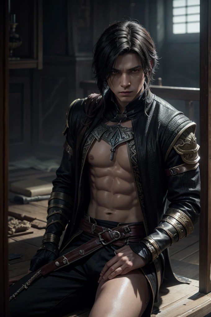 (best quality), 1boy, male, pale skin, black hair, short hair, tousled hair, messy bangs, bangs over eyes, blue eyes, perfect eyes, dark circles under eyes, (wolf ears), (wolf tail), collar, wolfboy, lanky body, boyish, strong jawline, frown, attractive, masculine body, masterpiece, anatomically correct, highres