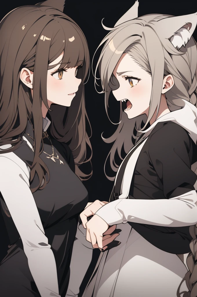 Wolf demi-human, girl with brown hair and white ears and tail, greenish eyes, sharp jaws, with a top, ready to fight