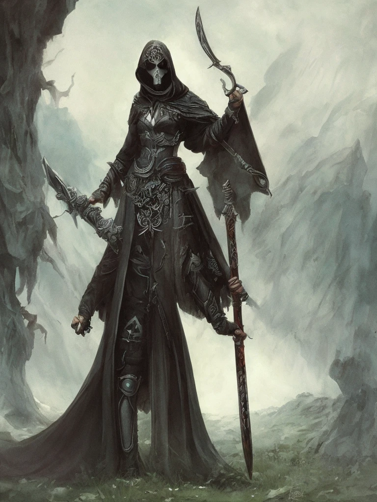 An intricate depiction of the Grim Reaper holding a sword, wearing dark armor, horror concept art, dark fairytale atmosphere, Johan Grenier style, Alyssa Monks style