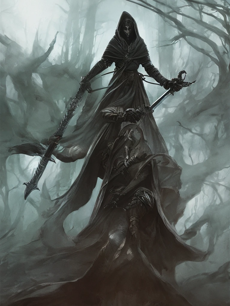 An intricate depiction of the Grim Reaper holding a sword, wearing dark armor, horror concept art, dark fairytale atmosphere, Johan Grenier style, Alyssa Monks style