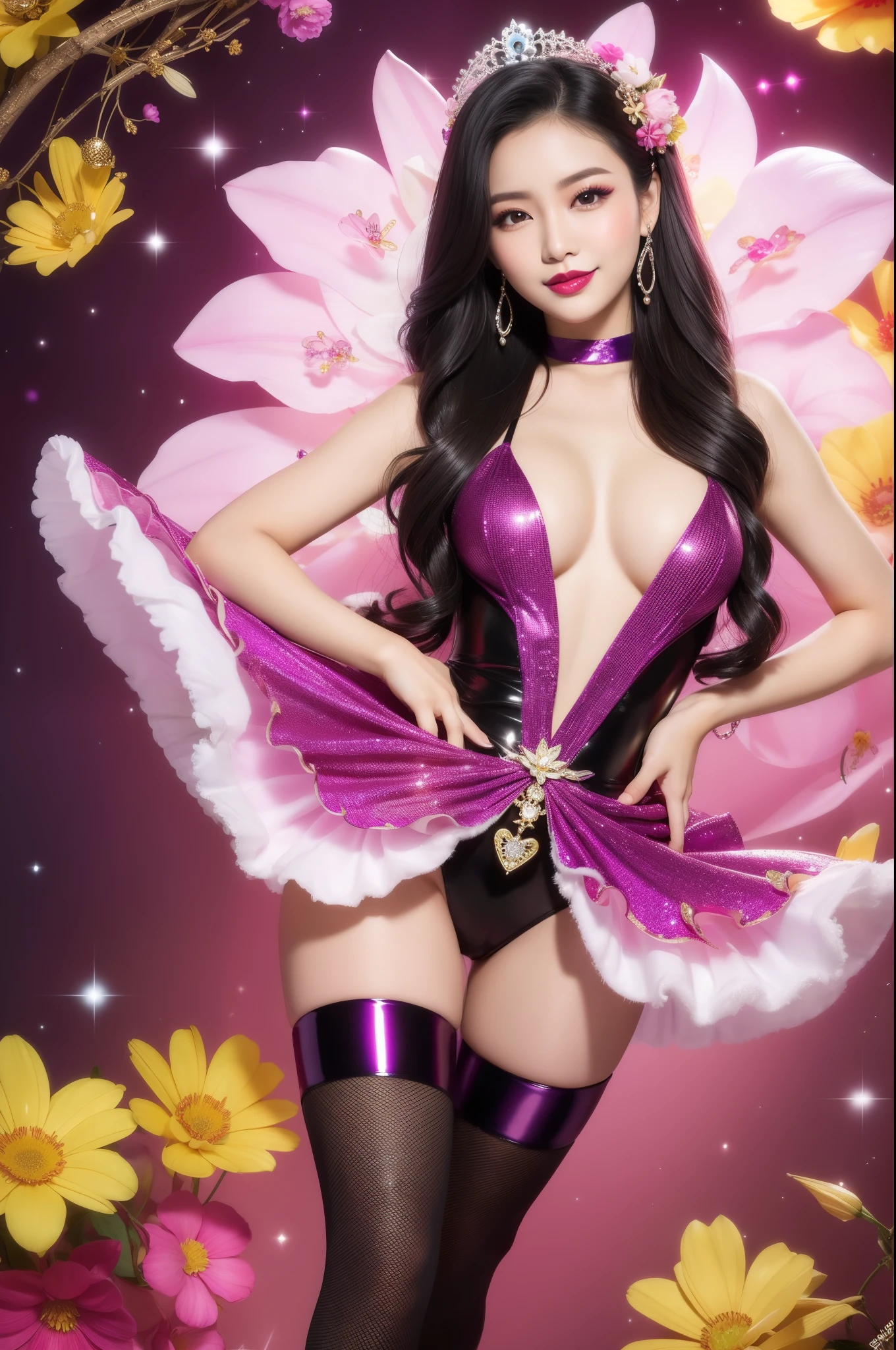 sexy Thai model who controls poison、beautiful smile、lipgloss、bold lipstick、intense makeup、look at the camera、full body Esbian、、sparkling poisoned flower costume、、、、sparkling Colorful hair、secrete poison、skull hair accessories、sexy tights、shiny sparkling flowers background