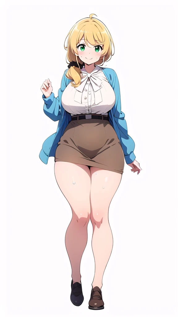 masterpiece,best quality,1girl,mature female,large breasts,wide hips,thick thighs,ellen_baker,green eyes,blonde hair,long hair,hair scrunchie,jacket,white shirt,skirt,smile,(sweat,sweatdrop), simple white background, full body,