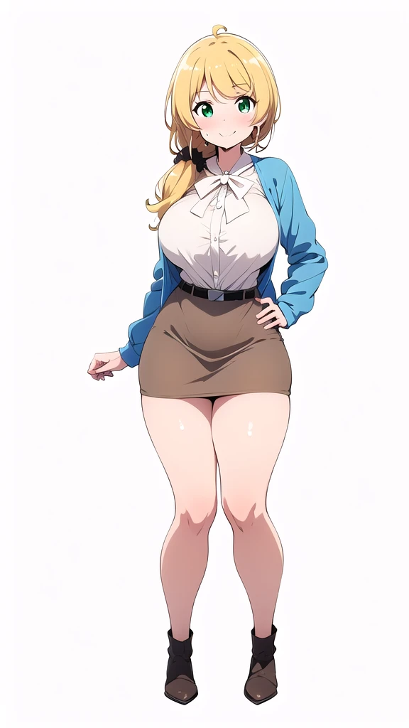 masterpiece,best quality,1girl,mature female,large breasts,wide hips,thick thighs,ellen_baker,green eyes,blonde hair,long hair,hair scrunchie,jacket,white shirt,skirt,smile,(sweat,sweatdrop), simple white background, full body, 
