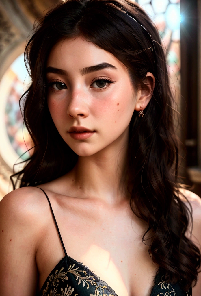 beautiful young woman, highly detailed, photorealistic, masterpiece, extremely detailed, illustration, 1 girl, high angle, messy long hair, best quality, extremely detailed CG Unity 8k wallpaper, ink, stunning, cinematic lighting, lens flare, dunhuang style