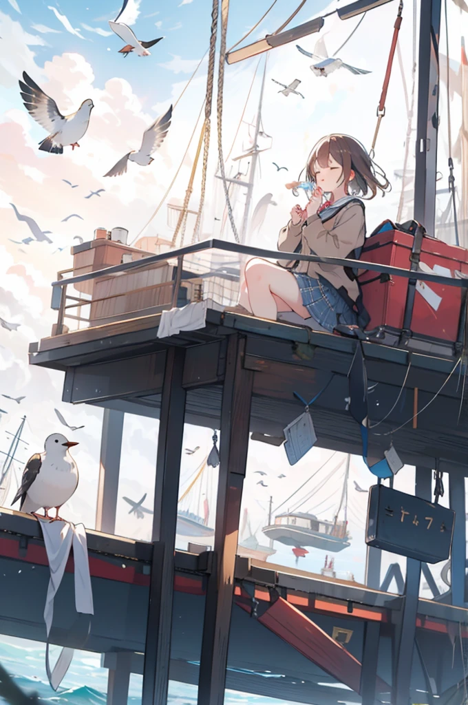 One girl, bird, watercraft, boat, alone, Brown Hair, skirt, Sitting, Outdoor, Long Hair, null, shirt, Jacket, blue null, Holding, white shirt, water, Seagull, bag, tie, close your eyes, Plaid skirt, pleated skirt, Long sleeve, collared shirt, Wind, Plaid, Day, musical instrument, , Floating Hair, music, Food down, Food, Mouth closed, playing musical instrument, bangs, Medium Hair, yellow Jacket, swing, Boat, coat, scenery, Swarm, Holding musical instrument, white bird