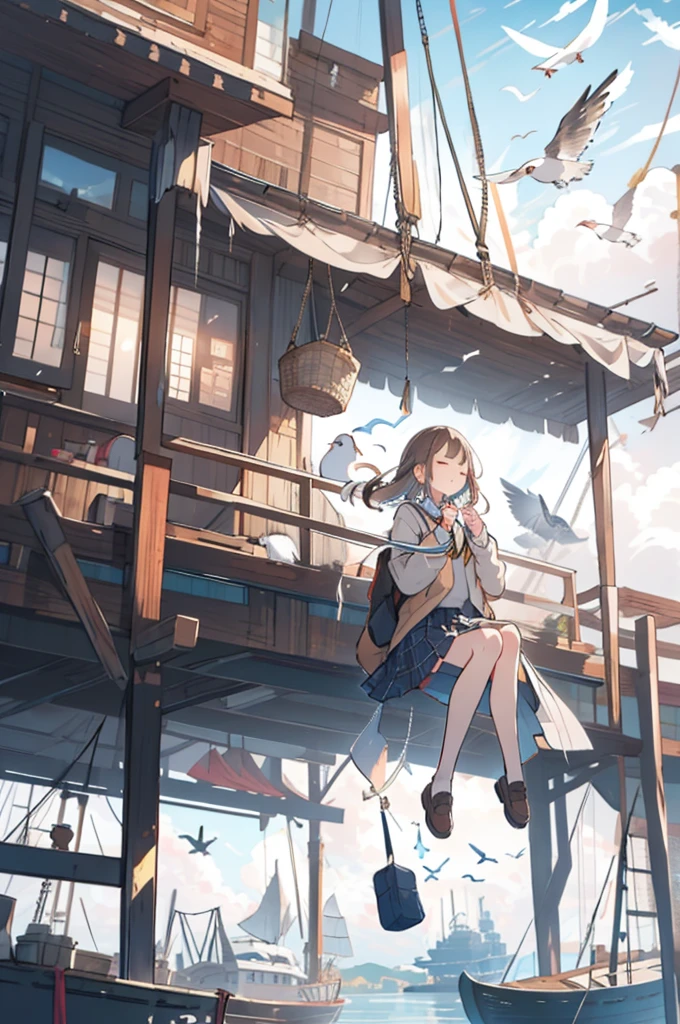 One girl, bird, watercraft, boat, alone, Brown Hair, skirt, Sitting, Outdoor, Long Hair, null, shirt, Jacket, blue null, Holding, white shirt, water, Seagull, bag, tie, close your eyes, Plaid skirt, pleated skirt, Long sleeve, collared shirt, Wind, Plaid, Day, musical instrument, , Floating Hair, music, Food down, Food, Mouth closed, playing musical instrument, bangs, Medium Hair, yellow Jacket, swing, Boat, coat, scenery, Swarm, Holding musical instrument, white bird