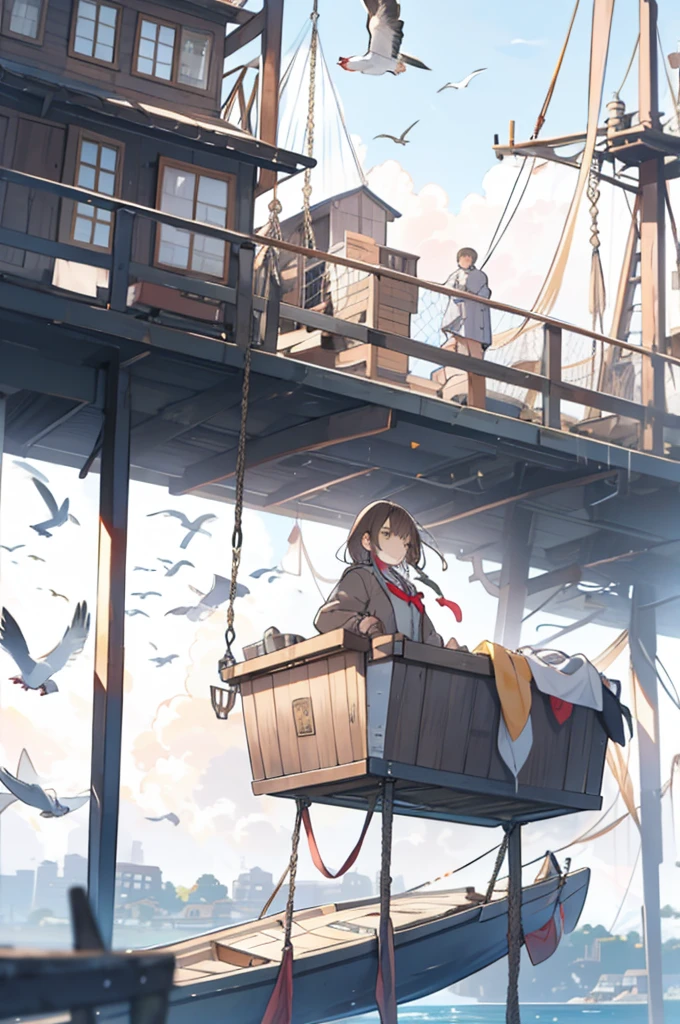 One girl, bird, watercraft, boat, alone, Brown Hair, skirt, Sitting, Outdoor, Long Hair, null, shirt, Jacket, blue null, Holding, white shirt, water, Seagull, bag, tie, close your eyes, Plaid skirt, pleated skirt, Long sleeve, collared shirt, Wind, Plaid, Day, musical instrument, , Floating Hair, music, Food down, Food, Mouth closed, playing musical instrument, bangs, Medium Hair, yellow Jacket, swing, Boat, coat, scenery, Swarm, Holding musical instrument, white bird