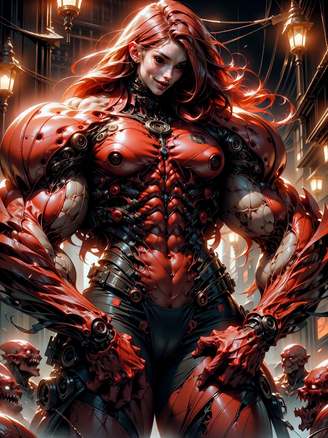 (1 girl), (megan fox), young girl, carnage muscular physique, seductive face, mouth wide open carnage style, long red hair, perfect muscular body, super skinny legs, cybernetic muscle suit, sissy, femboy, (carnage style physique),Fixhand, E-Girls_Mansion_Yang, kkw-colorc-neg, kkw-ph1