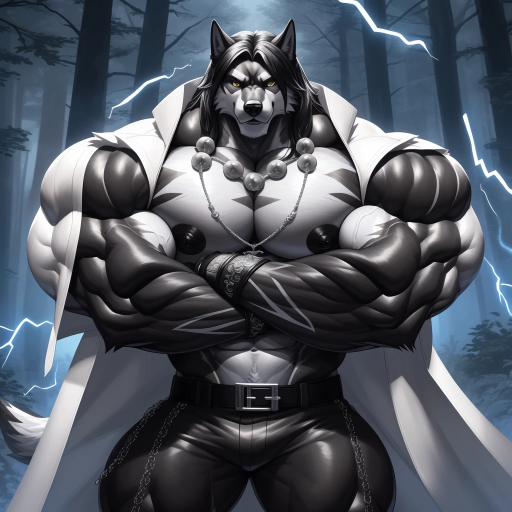 (upload on e621) (Masterpiece) (by Drks) (best quality) (ultra high res) 4K (8k HD) 2D (perfect ???????) (digital art) (official art) (extreme detailed) (ultra detailed) (strapsanime) color (soft shading) (sharp focus) (forest woods background) 1man black body fur silver belly detailed fluffy fur (ultra detailed face) detailed eyes detailed iris eyes detailed golden yellow eyes (white sclera) black pupils big navel abs ???? pectoral (((silver tuft on his ?????))) (((huge black shiny ???????))) black claw nails furry wolf male mature male dark black giant bulky muscular body fur giant size canid (((huge muscles))) (((hyper muscles:1.3))) huge pecs (((oversize pecs:1.3))) huge biceps (((giant biceps:1.3))) (((fullbody))) canine canis mammal powerful wolf god wolf male fierce face badass wolf anthro solo standing (((wearing black full complete sleeveless long trench coat:1.3))) (((dark black longest flowing length hair:1.3))) (((dark black longest flowing length back fur hair:1.3))) (((dark black longest length hair fur front lay on pecs:1.3))) (((best longest dark black flowing hair:1.3))) (((perfect fingers))) (((five fingers))) dark black hands and fingers (((wearing black and silver fingerless gloves))) (((black arm bands on his biceps))) (((three black arm bands on his forearms))) (((black huge bead necklaces:1.3))) (((black huge longer bead necklaces around neck to pecs:1.3))) (((dark black and silver underside long wolf tail))) (((black long pants with silver lines with belt straps on both legs))) (((silver electricity and wind aura flow entire body))) (((crossed arm pose)))